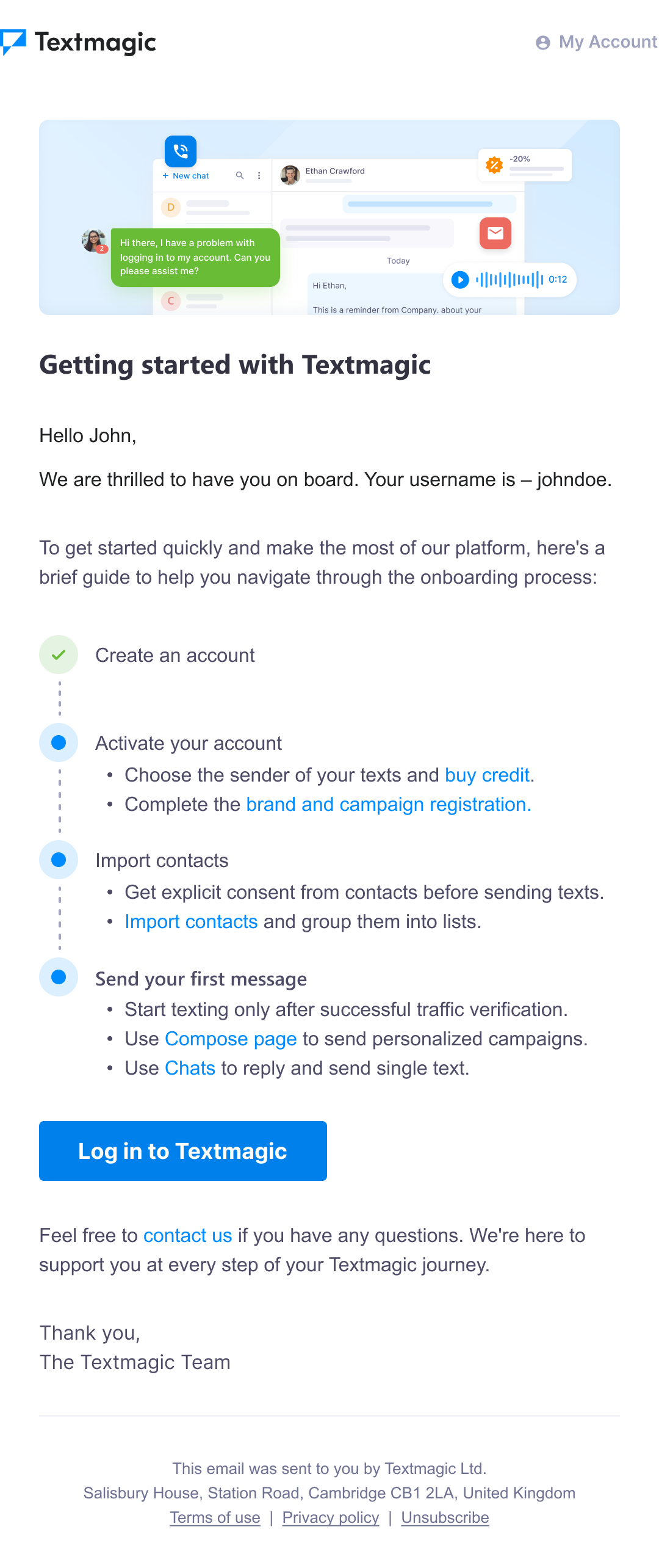 Textmagic onboarding email 