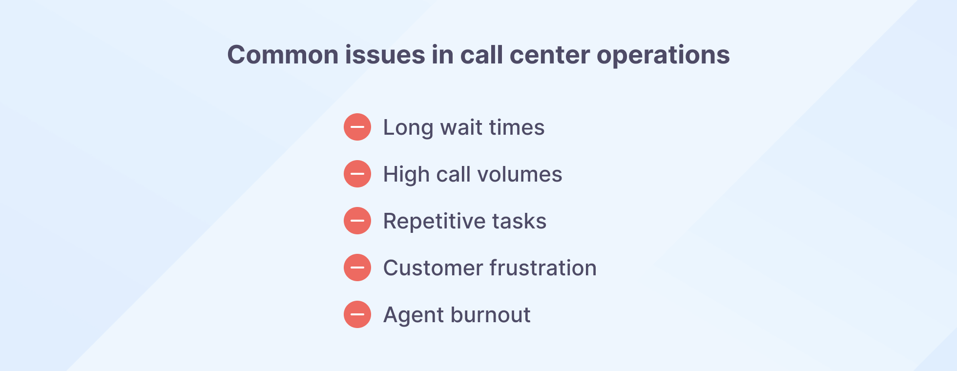 long wait times, high call volumes, repetitive tasks, customer frustration, agent burnout