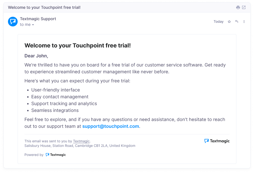 Free trial welcome email