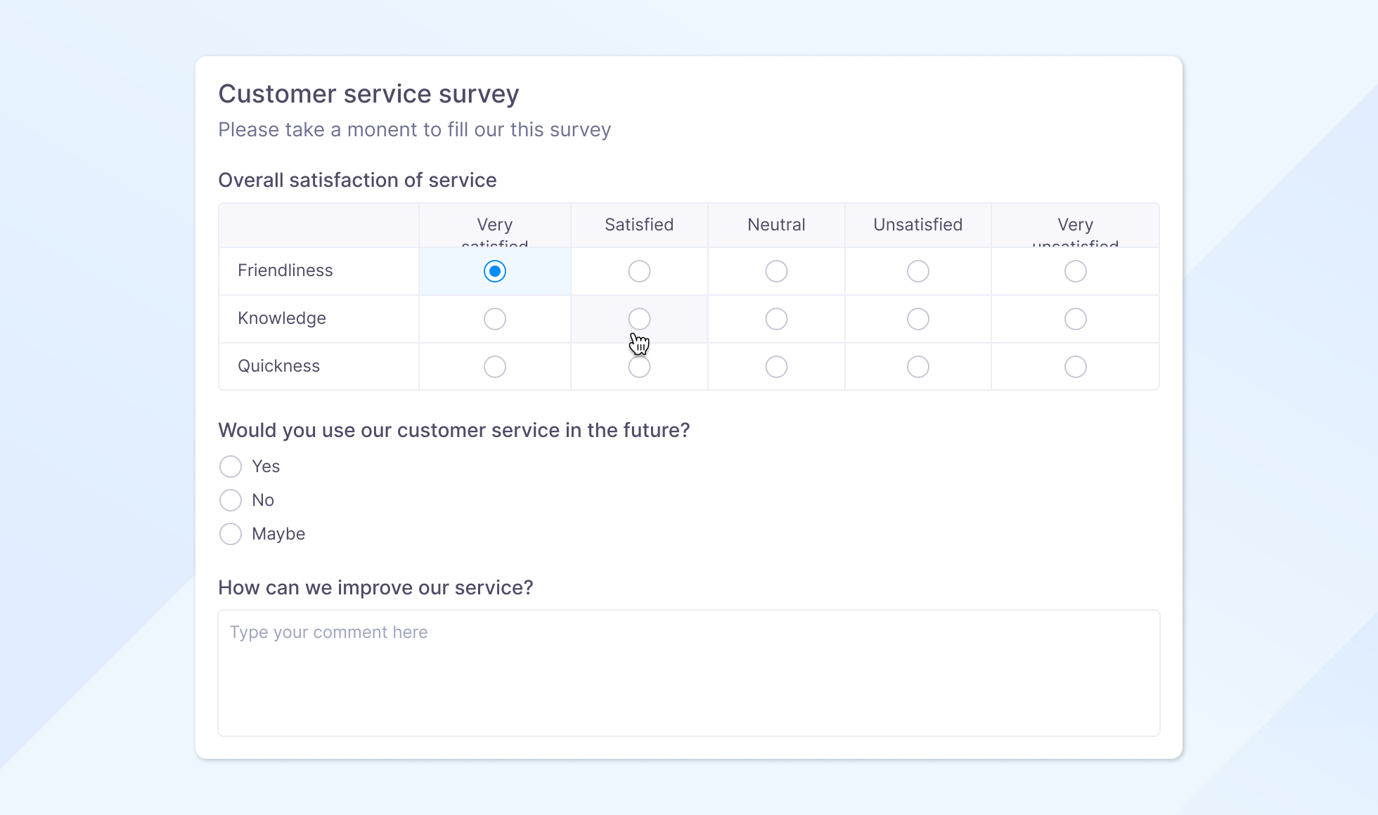 Example of CSAT customer satisfaction survey