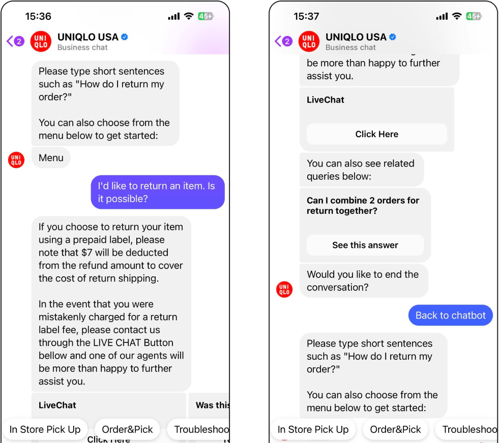 Uniqlo customer support chat screenshots