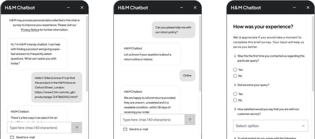 h&m chatbot conversation screenshot