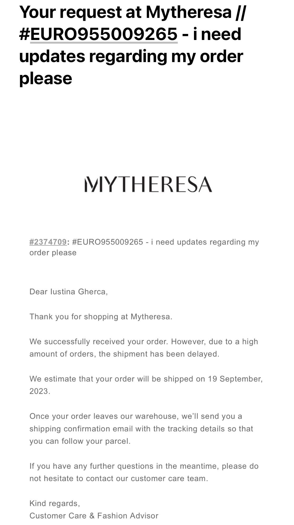 Mytheresa order update email