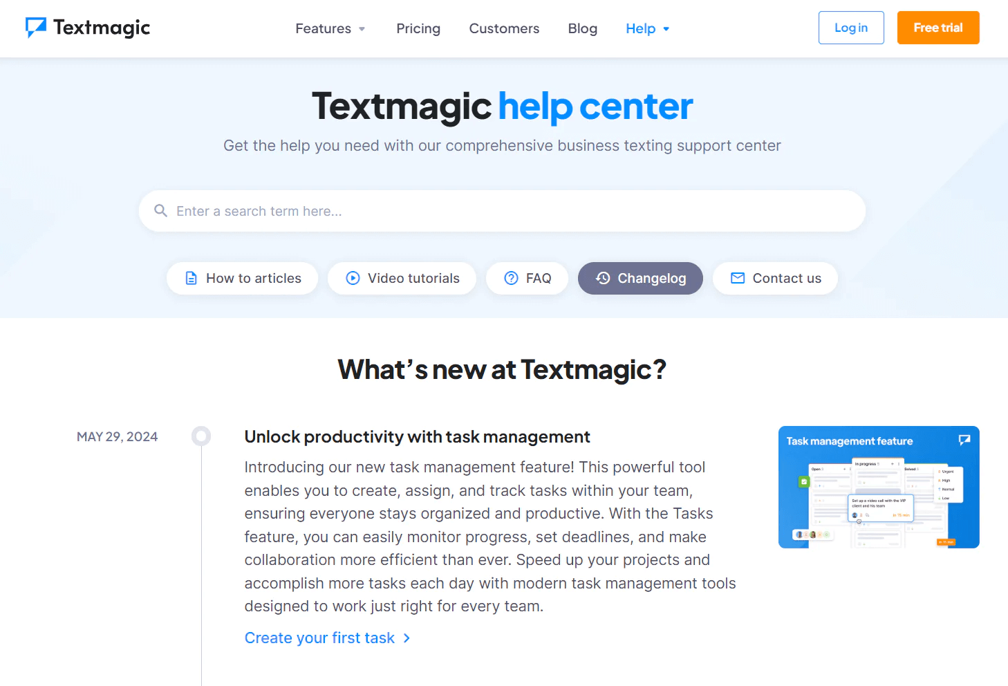 Screenshot of the Textmagic changelog