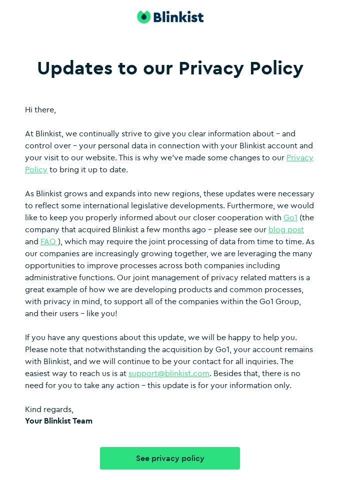 Blinkist updates to privacy policy email