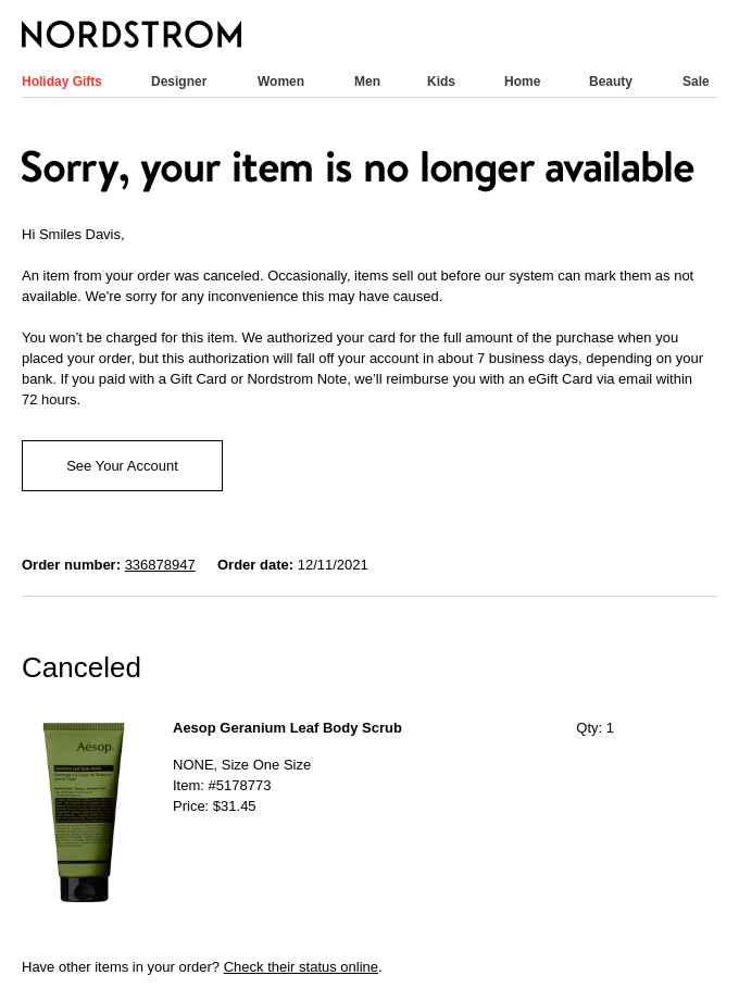 Nordstorm item not available email