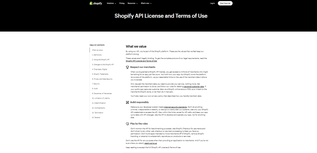 shopify api terms of use screenshot