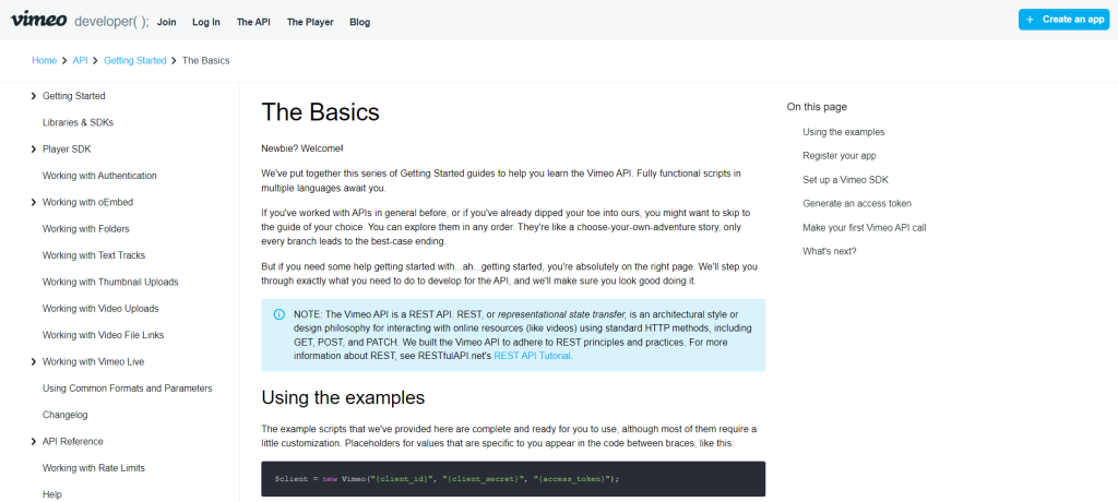 Vimeo api documentation screenshot 