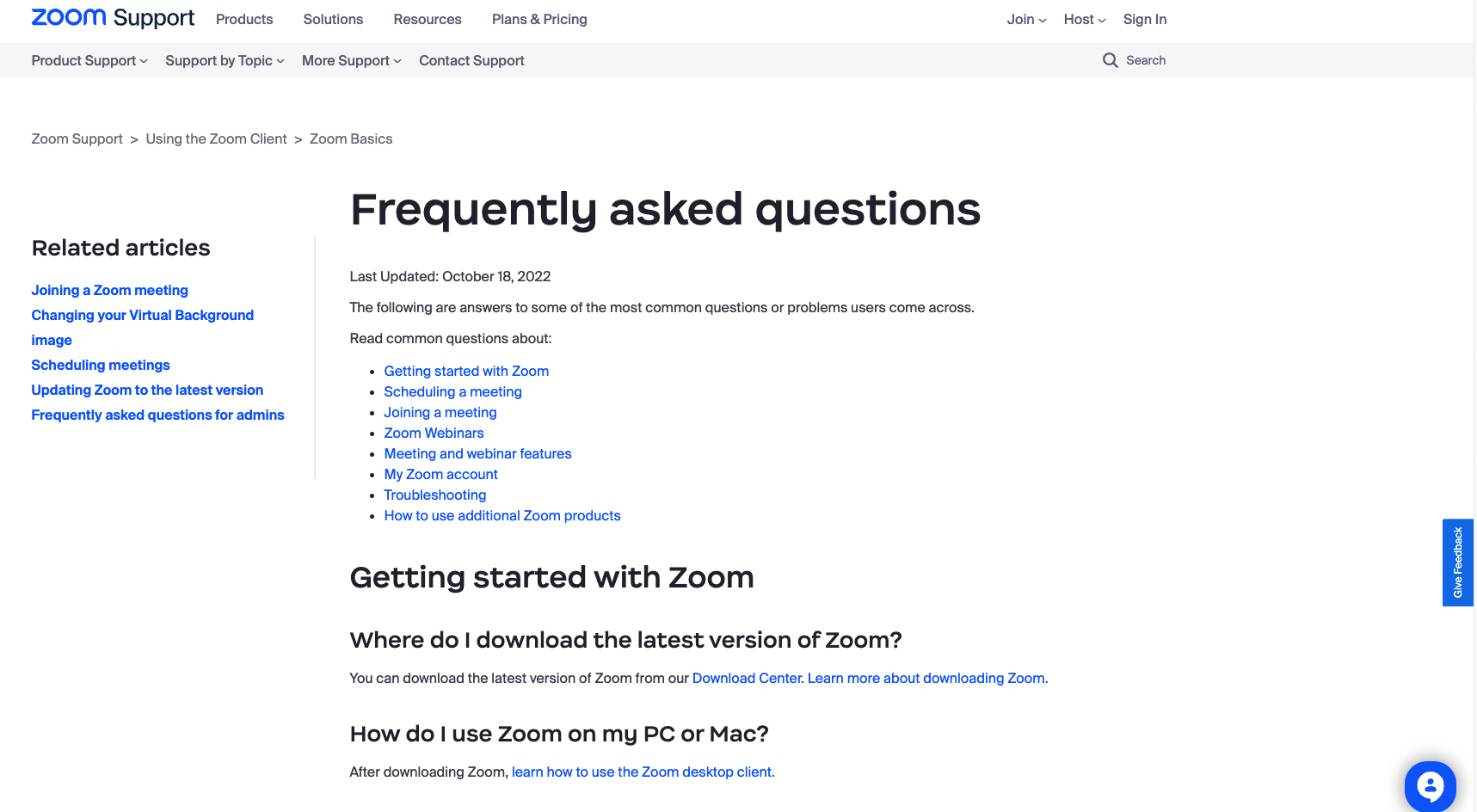 zoom FAQ page screenshot
