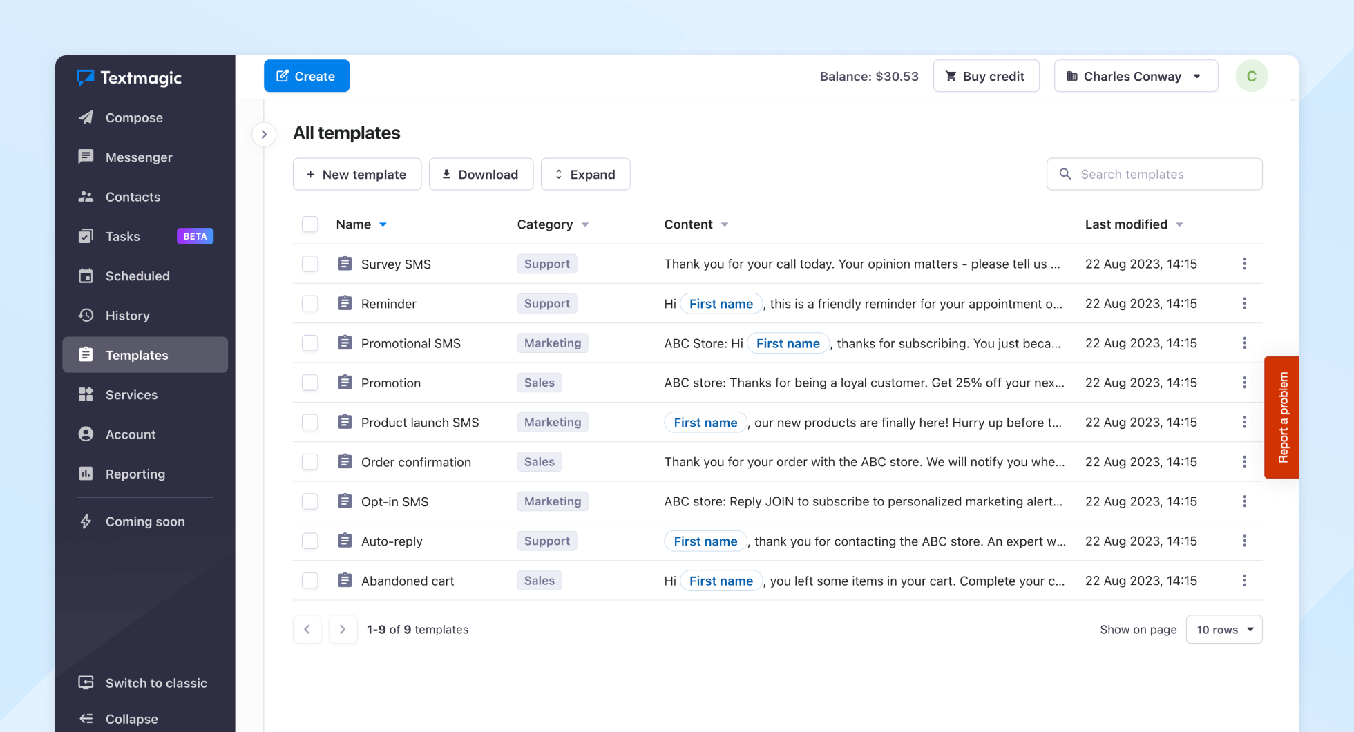 Textmagic SMS templates