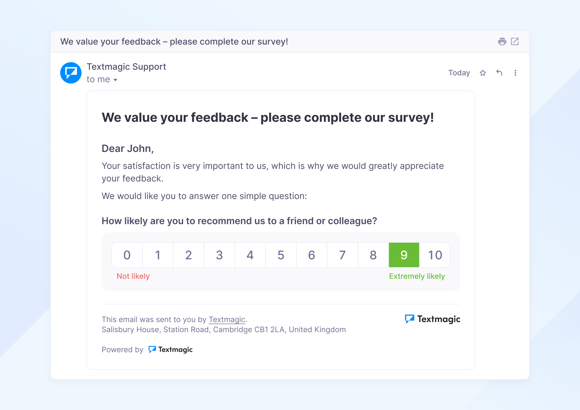Textmagic NPS email survey template