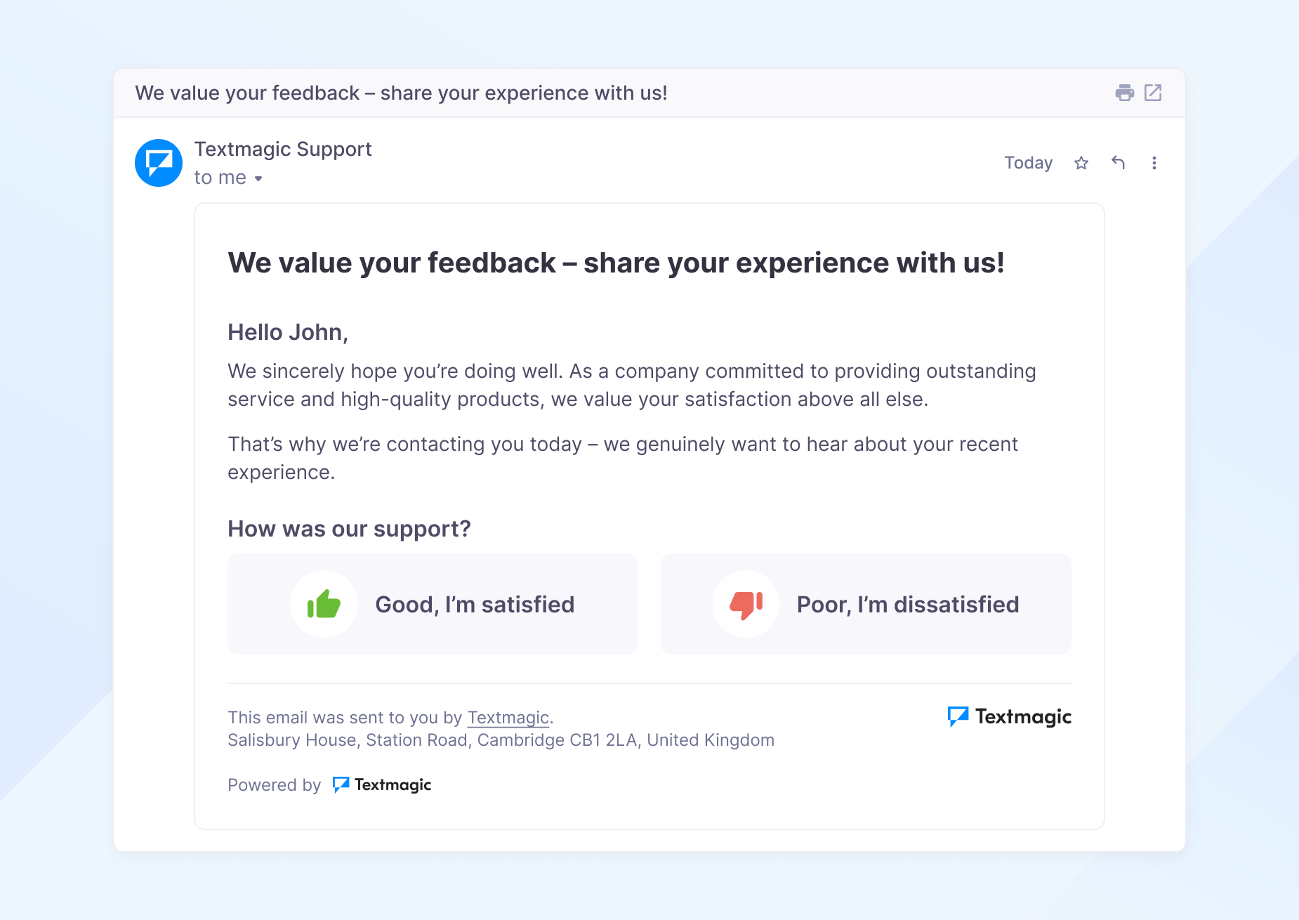 Textmagic customer satisfaction email