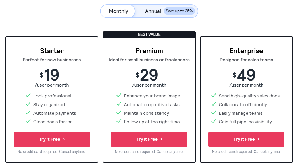 Better Proposals tiered pricing model