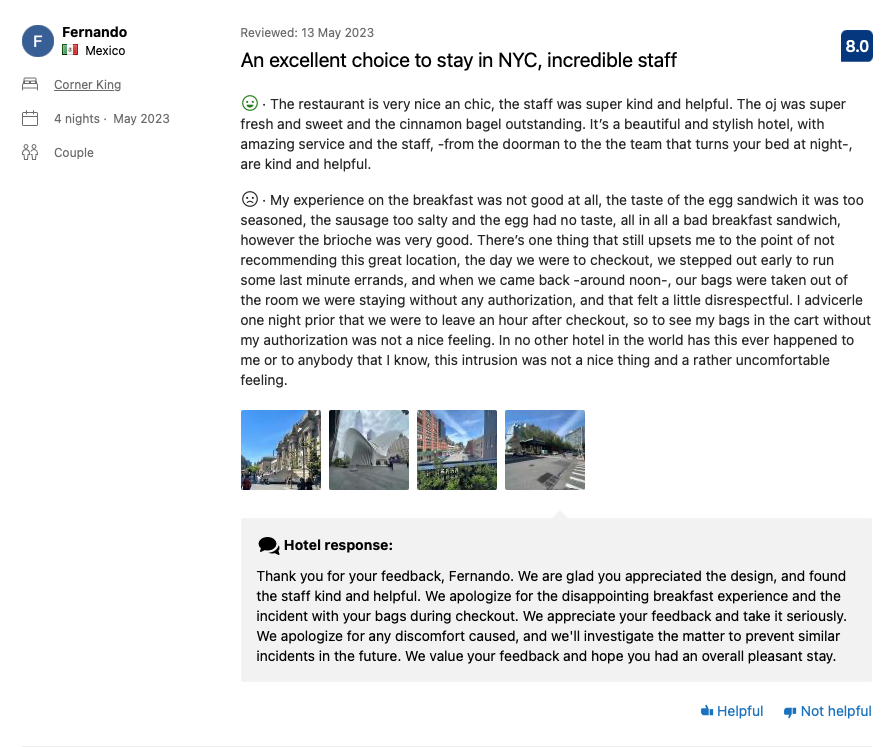 Example of complaint response on Booking.com